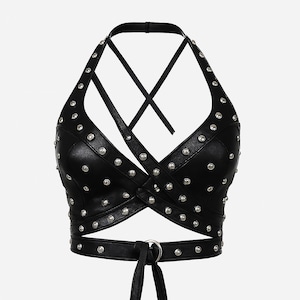 Studded Black Leather Halter Bra Wrap Top – Punk Festival Crop, Crisscross Straps, Alt Fashion Statement Piece