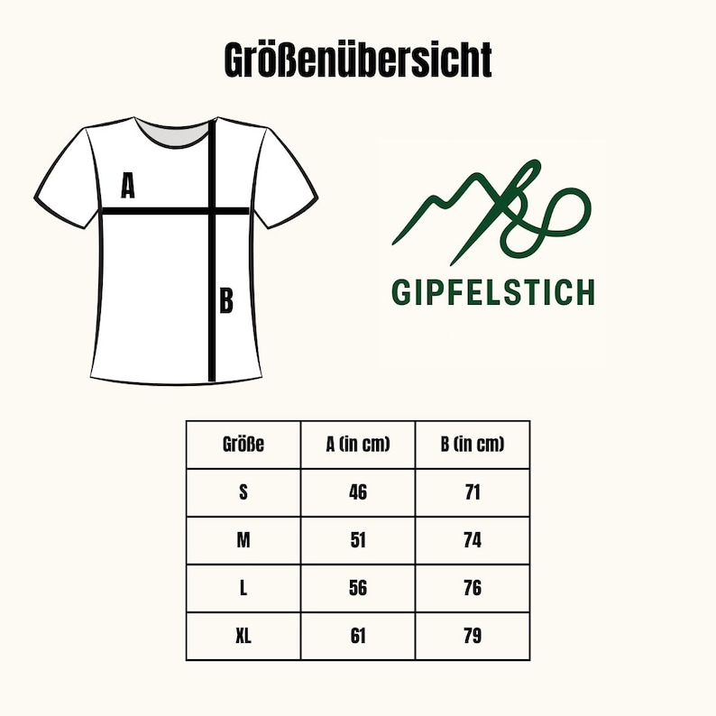 Puede incluir: Un diagrama de una camiseta blanca con medidas en cent&iacute;metros, etiquetadas A y B. El texto "Gr&ouml;&szlig;en&uuml;bersicht" est&aacute; en la parte superior, y un logotipo con el texto "GIPFELSTICH" est&aacute; a la derecha. Una tabla de tallas muestra las medidas para las tallas S, M, L y XL.