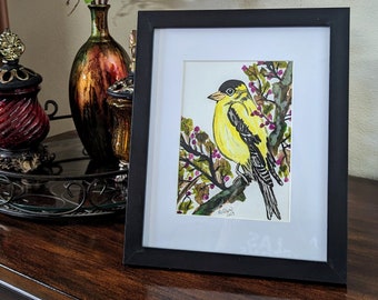 American Goldfinch Watercolor Painting: Matted & Framed Bird Art