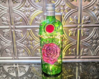Rose Decal Gin Bottle Lamp: Green Liquor Bottle Night Light with Gems