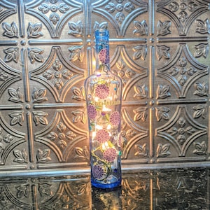 Beautiful Blue Boho Style Christiania Vodka Liquor Bottle Light, Night Light, Bottle Lamp, Floral Design