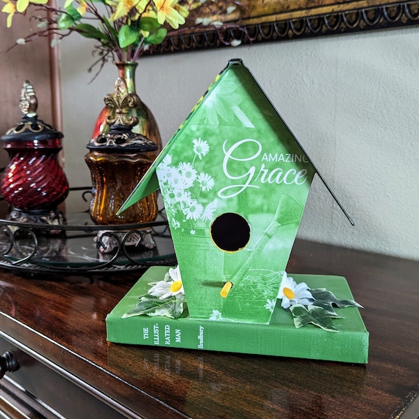 Green Amazing Grace Bookshelf Birdhouse Made with Real Books | Library Decor | Teacher Librarian Gift