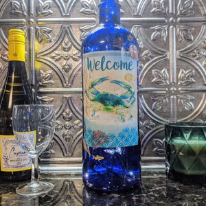 Skyy Vodka Vibrant Blue Crab Welcome Liquor Bottle Light, Night Light, Bottle Lamp, Beach House Accent Light, Beach Decor, Great Gift!