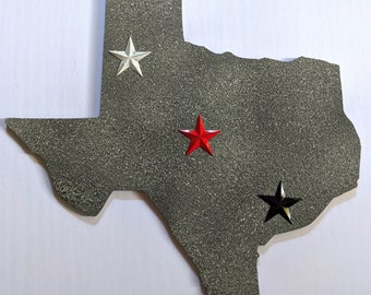 Rustic 15" Texas Shaped Sign, Stone-Look with Red, Black, and White Metal Stars
