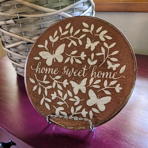 Rustic, Distressed, and Antiqued Hammered Copper Wooden Circle &quot;Home Sweet Home&quot; Sign with Butterflies and Leaves, Fall Decor, Hostess Gift