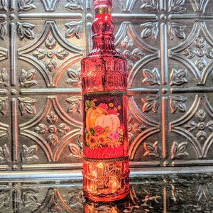 Welcome Fall Pumpkins and Flowers Red Upcycled Glass  Bottle Light, Night Light, Bottle Lamp, Party Favor, Hostess Gift, Fall Decor