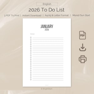 Peut inclure: Une liste de tâches 2026 imprimable en blanc pour janvier. La liste comprend des espaces lignés pour les tâches et les notes. Disponible aux formats A4, A5 et lettre. Le document est un PDF.