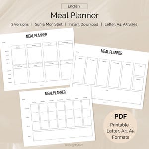 Peut inclure: Trois feuilles blanches imprimables de planificateur de repas avec le texte "Meal Planner" en haut. Les feuilles comportent des sections pour chaque jour de la semaine, avec de l'espace pour le petit-déjeuner, le déjeuner, le goûter, le dîner et les notes.