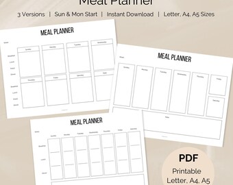 May include: Three white printable meal planner sheets with the text "Meal Planner" at the top. The sheets have sections for each day of the week, with space for breakfast, lunch, snack, dinner, and notes. The text "English" is at the top.