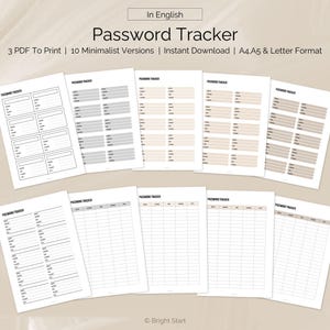 Peut inclure: Plusieurs modèles minimalistes de trackers de mots de passe imprimables. Les pages sont aux formats A4, A5 et lettre. Le texte "Password Tracker" est en haut de chaque page. Le texte "3 PDF To Print | 10 Minimalist Versions | Instant Download" est inclus.