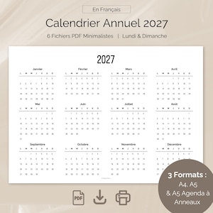 Peut inclure: Un calendrier annuel 2027 imprimé sur un fond blanc avec du texte noir. Le calendrier affiche douze mois de janvier à décembre, organisés dans un format de grille avec les jours de la semaine listés au-dessus de chaque mois. Icônes PDF incluses.