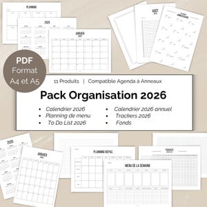 Peut inclure: Un ensemble de feuilles de planification blanches avec du texte en français. Les inserts comprennent des calendriers, des listes de tâches et des trackers pour 2026. Le format PDF est disponible en tailles A4 et A5. Compatible avec les agendas à anneaux.