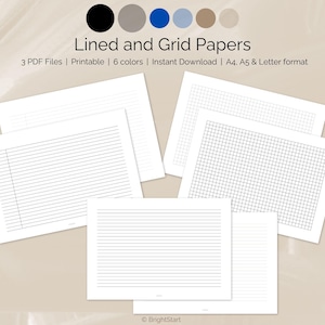 Peut inclure: Plusieurs feuilles de papier blanc ligné et quadrillé, aux formats A4, A5 et Lettre. L'image présente différents styles de papier, tels que des pages lignées, quadrillées et vierges. Le texte sur l'image indique "Lined and Grid Papers" et "3 PDF Files | Printable | 6 couleurs | Instant Download | A4, A5 & Letter format."