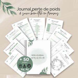 Könnte beinhalten: Ein weißes Spiralbuch mit dem französischen Text "MON JOURNAL perte de poids et bien-être" auf dem Cover. Das Bild zeigt das offene Buch, umgeben von Seiten mit Diagrammen und Grafiken, sowie den Text "+ 50 Seiten".