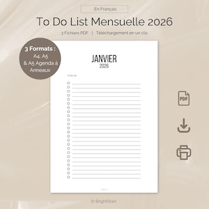 To Do List 2026 PDF à imprimer, Liste de tâches mensuelle A4 A5,  Planner digital minimaliste en français, Organisation mensuelle