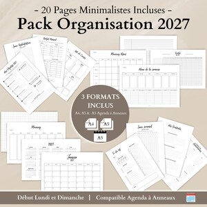 Könnte beinhalten: Ein 2027 Organisationspaket mit 20 druckbaren Seiten mit schwarzem Text auf weißem Papier. Enthält verschiedene Planungs-Vorlagen wie Kalender, Budget-Tracker und To-Do-Listen. Ein zentrales kreisförmiges Abzeichen besagt 3 FORMATS INCLUS A4, A5 & A5 Agenda à Anneaux.