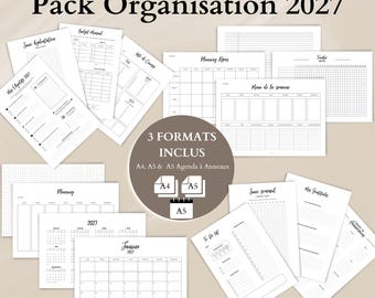 May include: A 2027 organization pack featuring 20 printable pages with black text on white paper. Includes various planning templates like calendars, budget trackers, and to-do lists. A central circular badge states 3 FORMATS INCLUS A4, A5 & A5 Agenda à Anneaux.