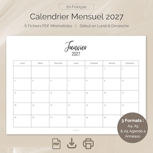 Peut inclure: Une page de calendrier mensuel pour janvier 2027 avec une mise en page en grille, du texte noir sur fond blanc et les jours de la semaine en français. Le document indique 3 formats : A4, A5 et agenda A5 à anneaux, avec des icônes PDF.