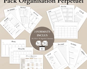 May include: A set of 15 printable planner pages titled Pack Organisation Perpétuel, featuring various templates like to-do lists, meal planners, and trackers. The text includes 3 FORMATS INCLUS A4, A5 & A5 Agenda a Anneaux.