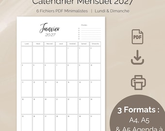 May include: A white monthly calendar page for January 2027 with black text and grid lines. The header reads Calendrier Mensuel 2027, 6 Fichiers PDF Minimalistes, Lundi & Dimanche. Includes a priority list, PDF and printer icons, and 3 Formats: A4, A5 & A5 Agenda à Anneaux.
