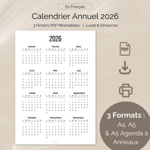 2026 Annual Calendar in French, Printable PDF Agenda A4 A5, Minimalist Office Planner, Vertical Format, Monday or Sunday Start