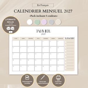 Peut inclure: Calendrier mensuel pour janvier 2027, avec une liste de tâches. Disponible en formats A4 et A5. Le texte "CALENDRIER MENSUEL 2027" est en haut. Inclut le texte "En Français".