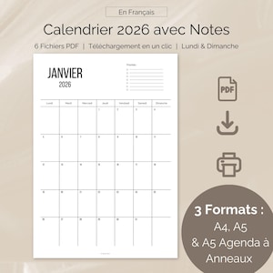 Calendrier 2026 français minimaliste à imprimer, Agenda 2026 mensuel à télécharger, PDF A4 A5 vertical, Planner digital