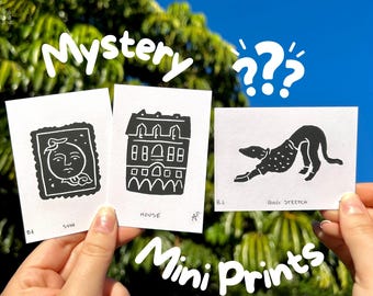 Mini Linocut Prints 3-Pack Mystery Mini Art Handmade Decor Unique Gift for Nature Lover Small Block Print Random Original Art Hand Pressed