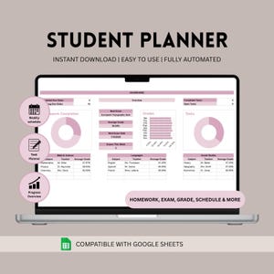 Könnte beinhalten: Ein digitaler Studentenplaner auf einem Laptop-Bildschirm mit einem Dashboard aus Diagrammen, Notenübersichten und Aufgabenlisten in Rosa und Weiß. Der Text umfasst STUDENT PLANNER, INSTANT DOWNLOAD und COMPATIBLE WITH GOOGLE SHEETS.