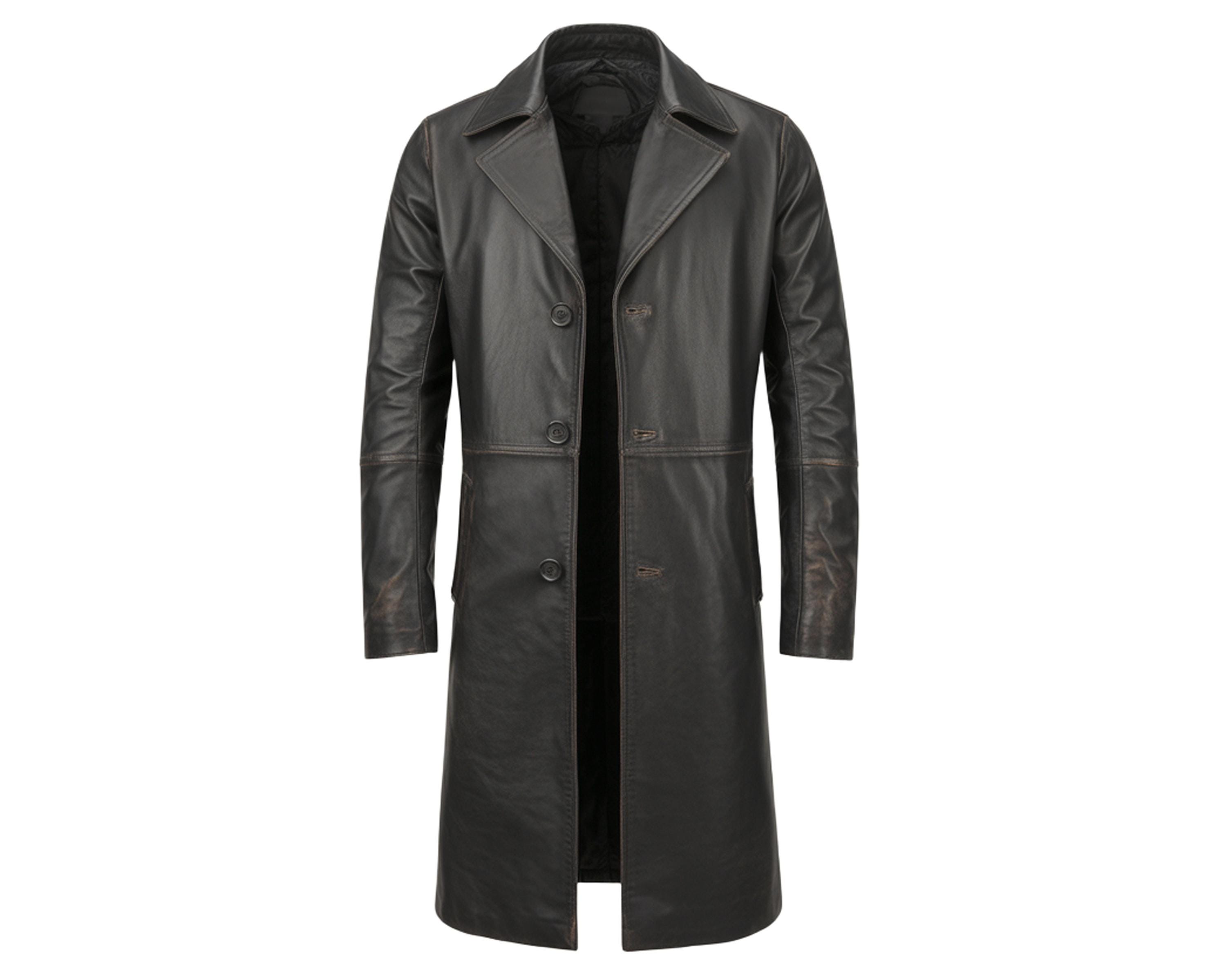 Black Leather Trench Men's Long Military Trench Coat Gothic