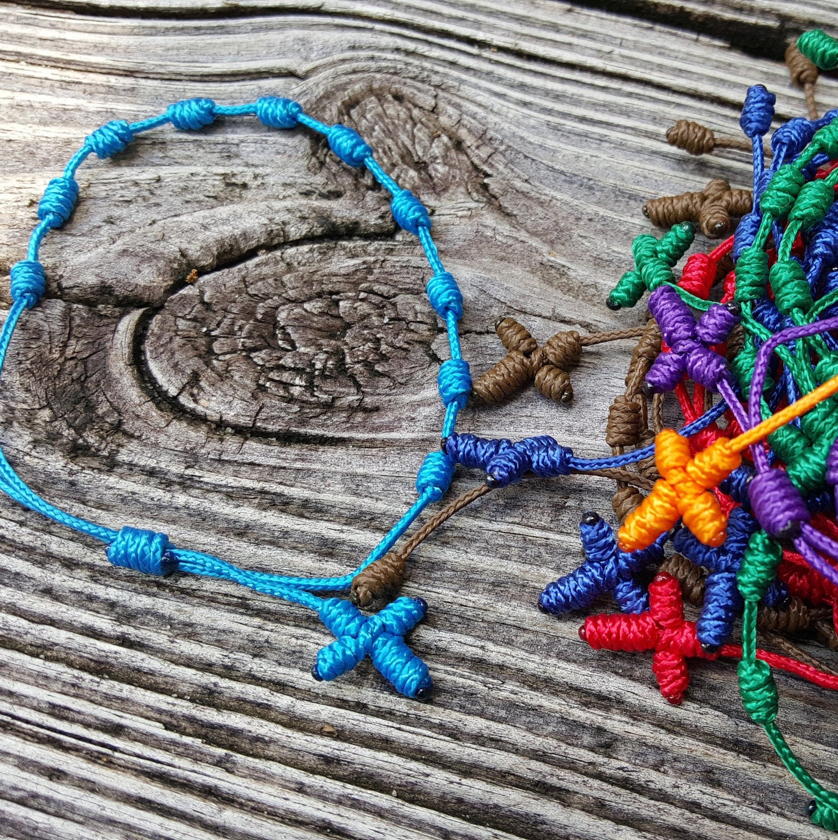 Rosary Bracelet String Knotted Rope, Mens Wrist Catholic Prayer