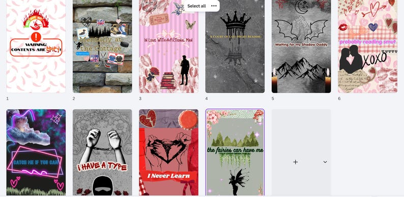 May include: A collection of digital art prints with various themes. One features a warning sign with text "CONTENTS ARE SPICY". Another has a neon frame with "CATCH ME IF YOU CAN". Other prints include text like "I HAVE A TYPE" and "I Never Learn".