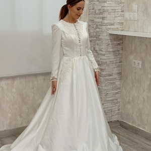 High Neck Modest Wedding Dress with Long Sleeves – A-Line Satin Gown for Church Ceremony or Bridal Shower Perfect for Special Occasion