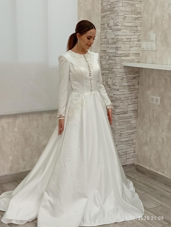 knee length dresses for ladies Wedtrend Women Ivory A-Line Wedding Dress Square Neck Bridal Shower Dress with Long Sleeves, Ivory / US24W main image 1