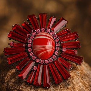 May include: A vibrant brooch in red and white, with a central oval stone displaying a swirling pattern. The brooch is encircled by red rectangular crystals and smaller pink stones, forming a sunburst design. The dark setting accentuates the bright colours.