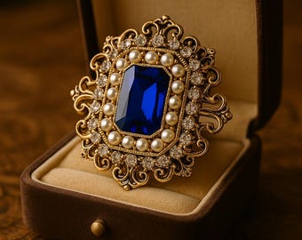 Royal Blue Vintage Brooch, Pearl Crystal Statement Pin, Art Deco Baroque Brooch, Elegant Gift for Her, Sapphire Blue Jewelry, Retro Brooch