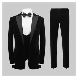 Velvet 3 Piece Suits Vest Pants Suit Set Black