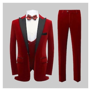 Velvet 3 piece suit with vest pants Red