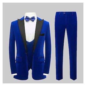 Velvet 3 Piece Suits Vest Pants Suit Set Royal Blue