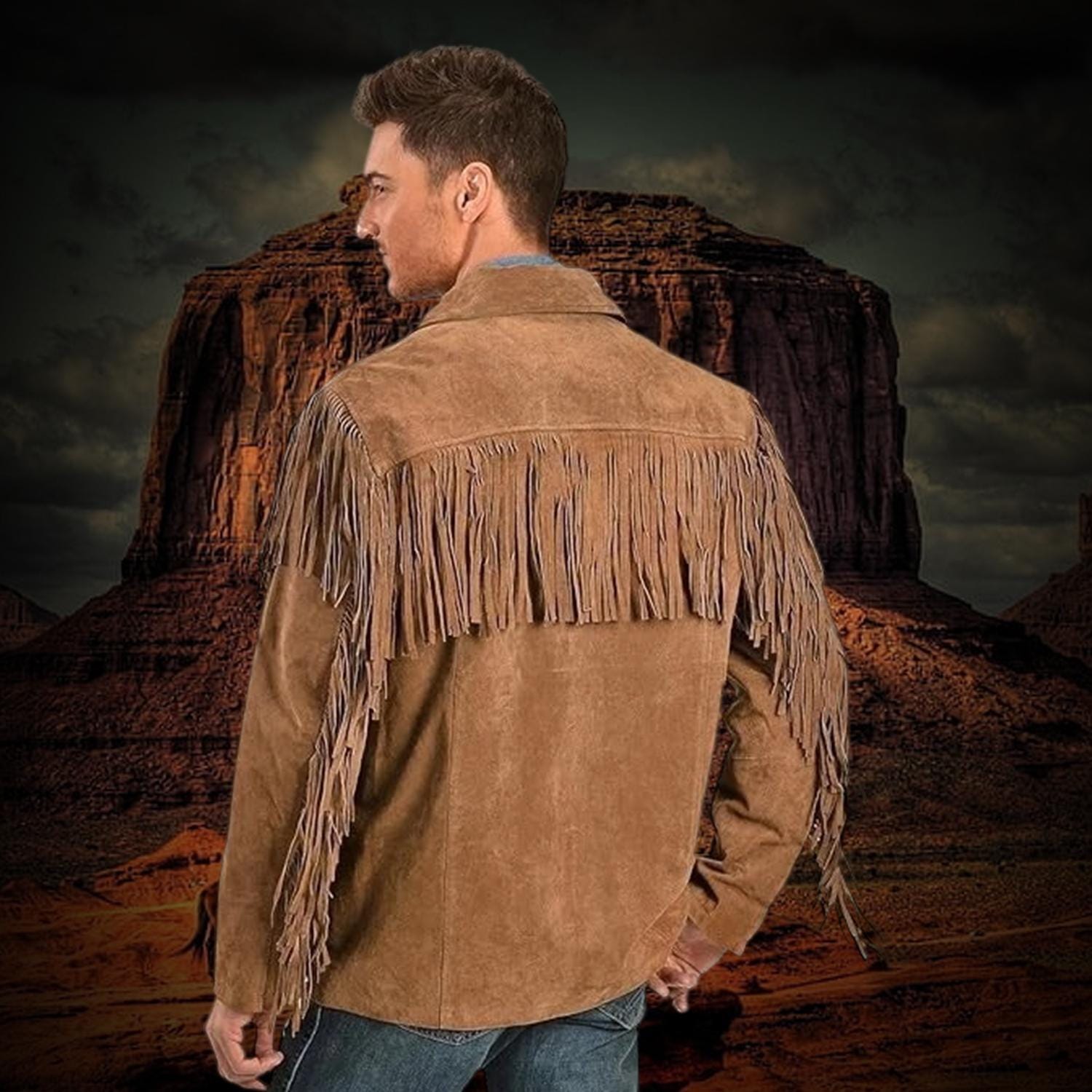 Men's Tan Suede Fringe Western Jacket: 70s Cowboy Style, 100