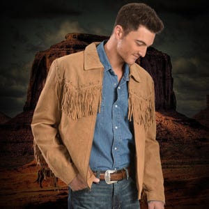 Men's Tan Suede Leather Fringe Jacket, Western Wear Biker Style Jacket, Handmade Fringe Cowboy Suede Jacket, Old West Outfit, Gift For Him