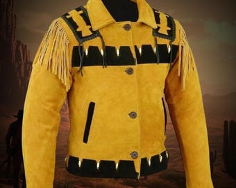 Men's Handmade Suede Fringe Jacket: Bone Beads, Western Cowboy Style, Native Indian Suede Jacket, Traditional Suede Leather Bone Jacket