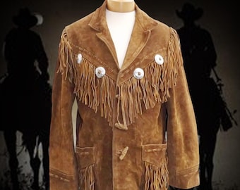 Men's Handmade Suede Fringe Western Jacket: Cowboy Style, Old West Brown Suede Fringe Jacket, Native Indian Suede Jacket, Native Outfit