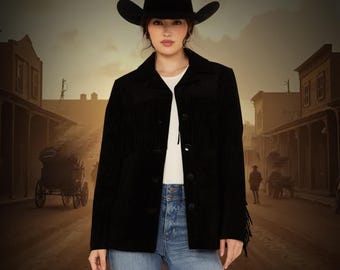 Blazer de ante con flecos para mujer, abrigo hippie estilo vaquera occidental, abrigo de ante guanina 100 % con flecos, ropa bohemia