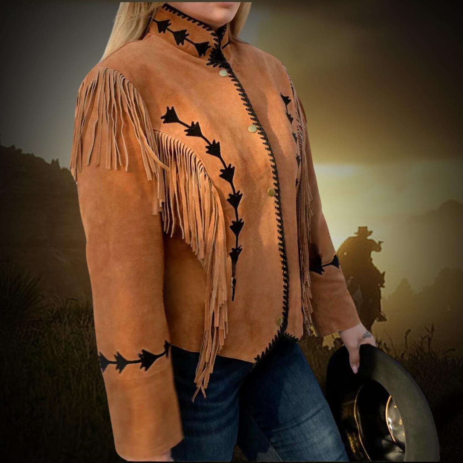 Veste AZTECA 100% Cuir de boeuf - Avec perlage et franges - Marque