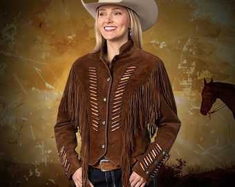 Chaqueta vaquera de ante con flecos para mujer: Pipa de hueso de búfalo, estilo bohemio de vaquera, chaqueta de ante con borlas para mujer, atuendo nativo, chaqueta de ante con flecos