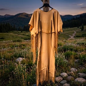 Antique Handmade Buffalo Hide Native American Dress with Hair Tassel, Plains Indian Style - Traditional Powwow Dress, Native Outfit