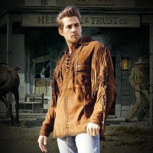 Mountain Man Suede Fringe Pullover Shirt, Crockett Western Wear Style Suede Fringe Shirt, Mountain Man Rendezvous Clothing, Old West Outfit