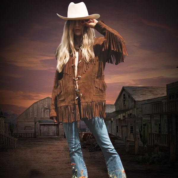 Jaren 70 vintage bruin suède jack met franje: western cowgirl-stijl, suède jack met kwastjes, 100% echt suède jack met franje, bohokleding