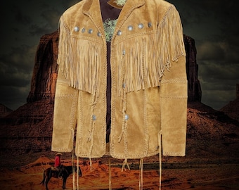 Handmade Tan Suede Fringe Jacket: Western Cowboy Style, Frontiersman Suede Fringe Jacket, Native Indian Suede Jacket, Old West Outfit